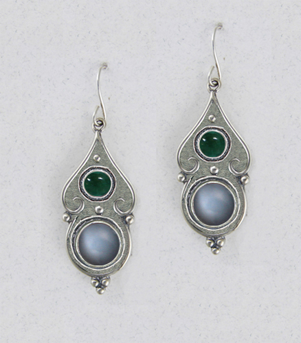 Sterling Silver Gothic Look With Grey Moonstone And Fluorite Gemstone Drop Dangle Earrings
